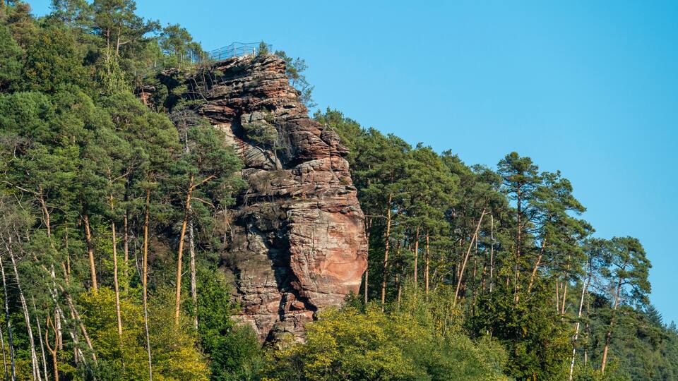 A large rock formation surrounded by dense forest.