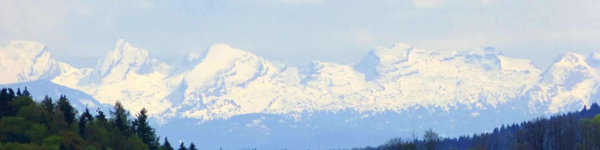 A mountain range with snow-capped peaks, a forested valley, and a clear sky.