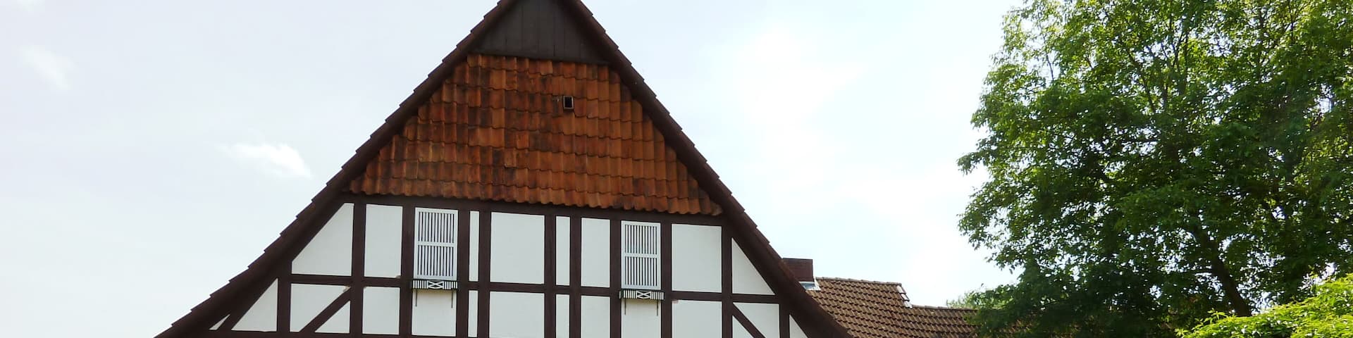 NiedermĂŒhle (HerrenmĂŒhle) in Ebergötzen, Landkreis Göttingen, Niedersachsen, vermutlich 18. Jahrhundert. Ansicht von hinten mit WasserfĂŒhrung und MĂŒhlrad. HĂ€ufiger Aufenthaltsort von Wilhelm Busch in dessen Jugend, als Wilhelm-Busch-MĂŒhle Museum. Ansicht von Norden (Eingangsseite)