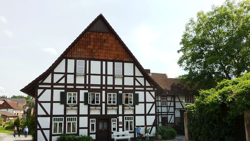 Niedermühle (Herrenmühle) in Ebergötzen, Landkreis Göttingen, Niedersachsen, vermutlich 18. Jahrhundert. Ansicht von hinten mit Wasserführung und Mühlrad. Häufiger Aufenthaltsort von Wilhelm Busch in dessen Jugend, als Wilhelm-Busch-Mühle Museum. Ansicht von Norden (Eingangsseite)