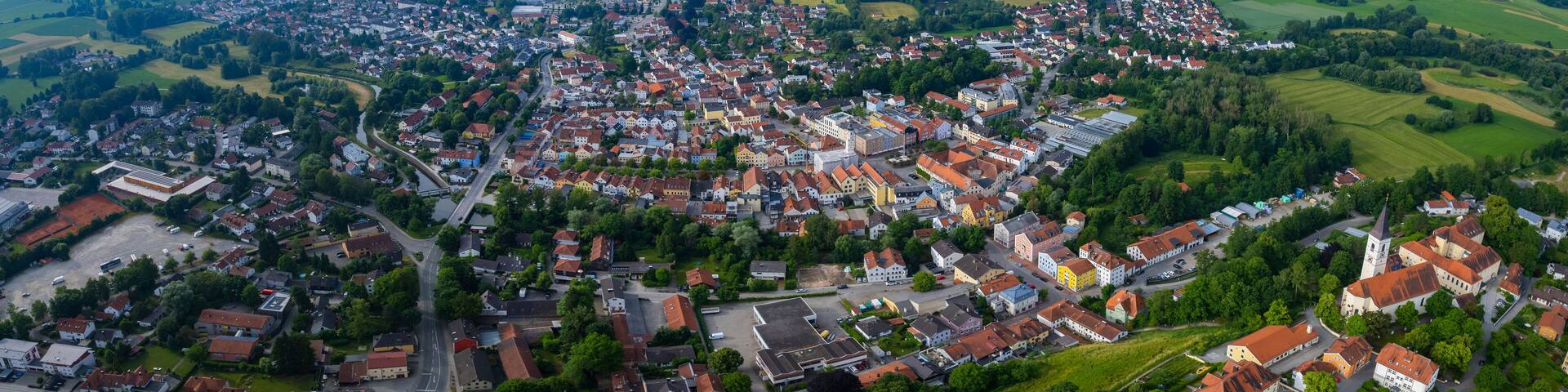 Aerial panoramic view of the city and old town of Dorfen, Bavaria in Germany on a sunny day in summer.