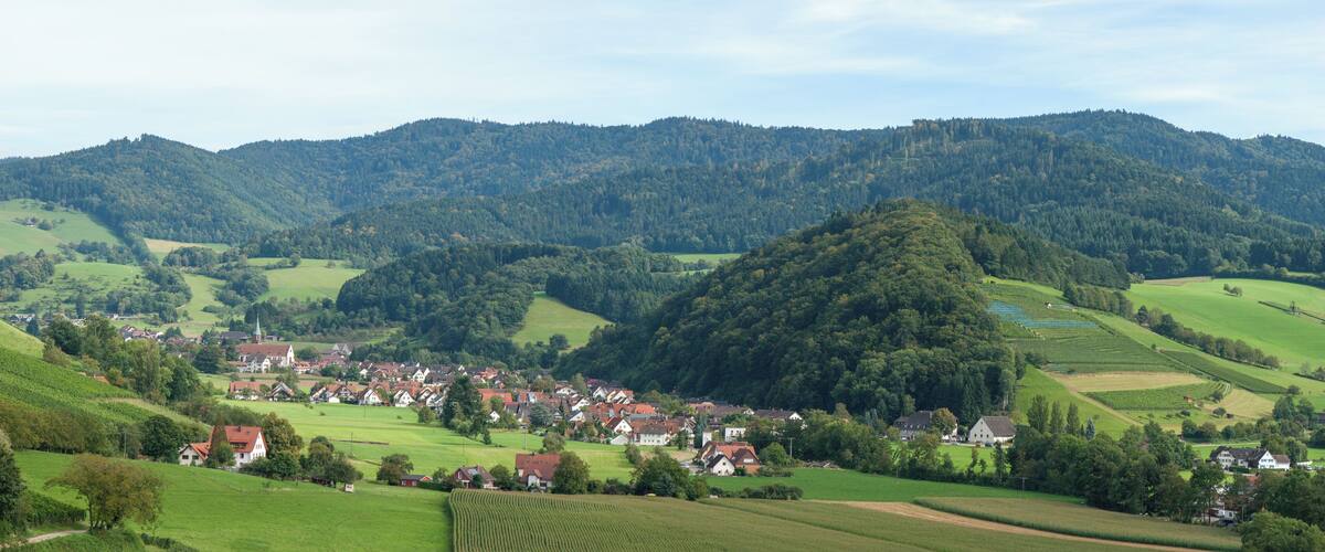 A rural village nestled in a valley with rolling hills and dense forests in the background.