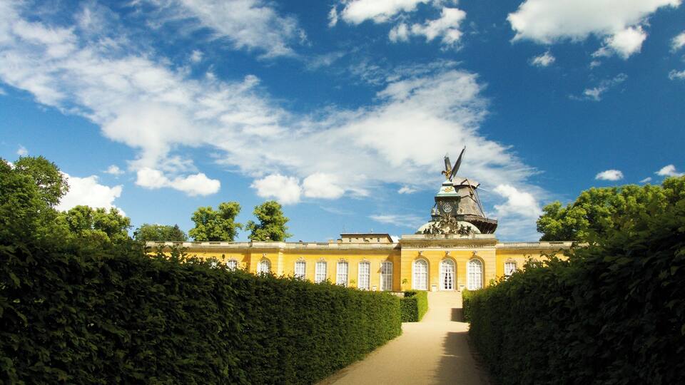 Potsdam, Germany; New Chambers in Sanssouci Park with Historic Windmill in background