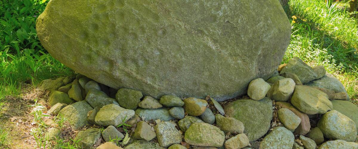 The Saucers Stone (Näpfchenstein) in Bippen-Restrup, Samtgemeinde Fürstenau, Landkreis Osnabrück, Lower Saxony, Germany. The stone is a listed natural monument.