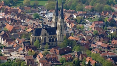 Une ville historique abritant une église remarquable, reconnaissable à ses hautes flèches, et entourée de bâtiments traditionnels aux toits rouges ainsi que d’une végétation luxuriante.