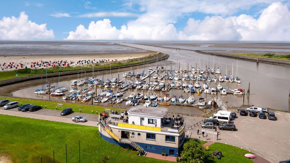 A marina with numerous boats docked, a building with a yellow and blue facade, and a sandy beach area.