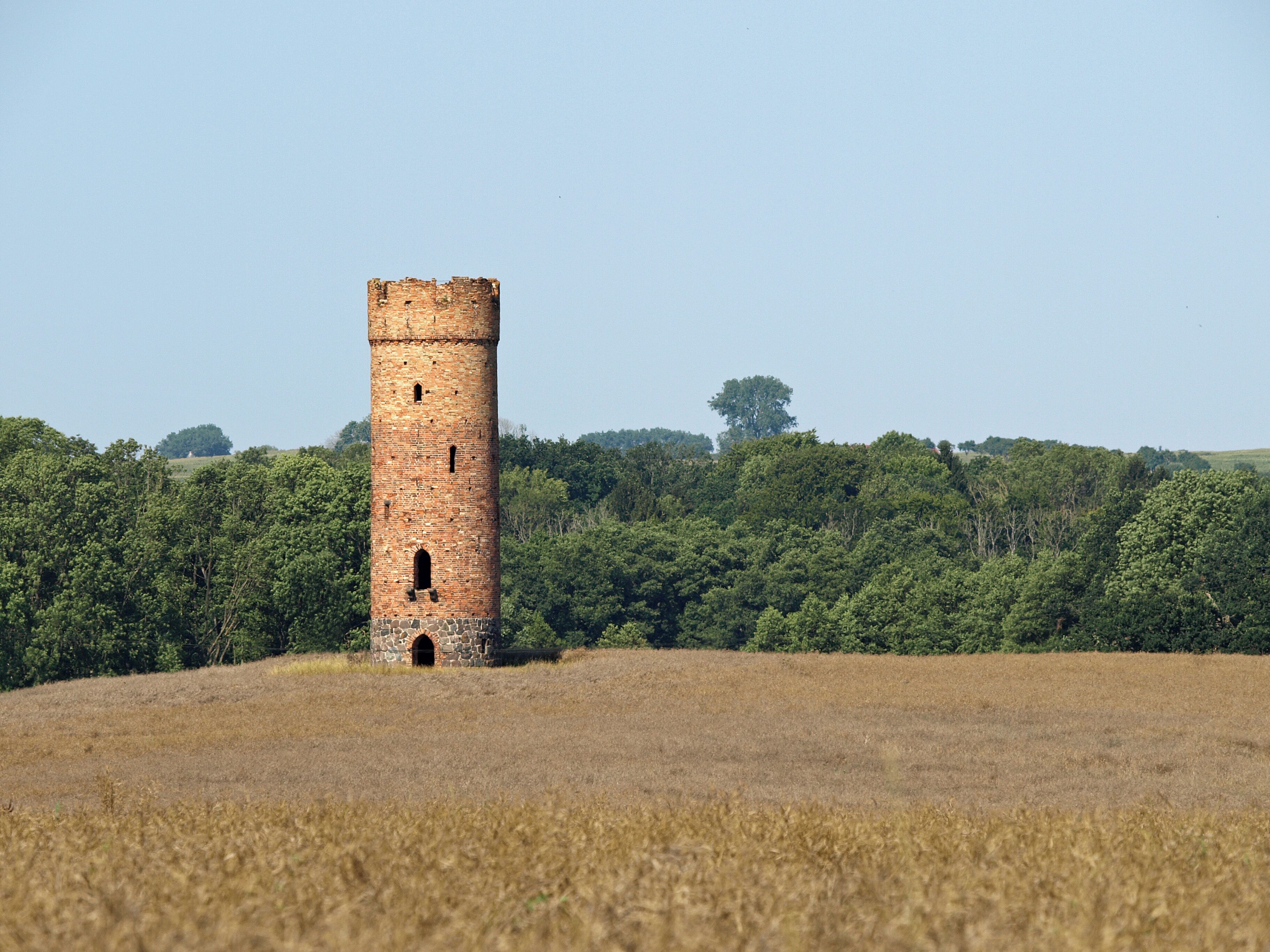 A tall brick tower in a field with a forest in the background.