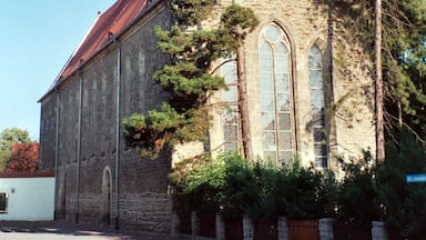 A historic stone church with a tall steeple and arched windows.