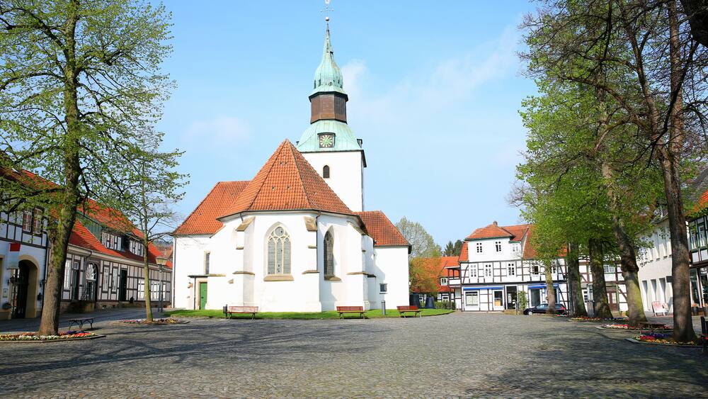 Historic downtown in Bad Essen, Osnabruecker Land, Lower Saxony, Germany