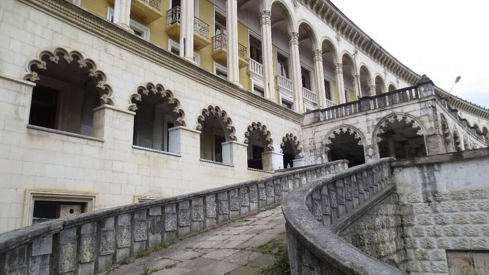 View of an old, Soviet-era building, located in a resort area in the western portion of the country of Georgia.