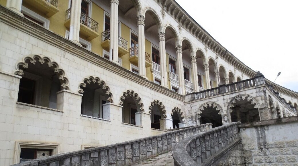 View of an old, Soviet-era building, located in a resort area in the western portion of the country of Georgia.