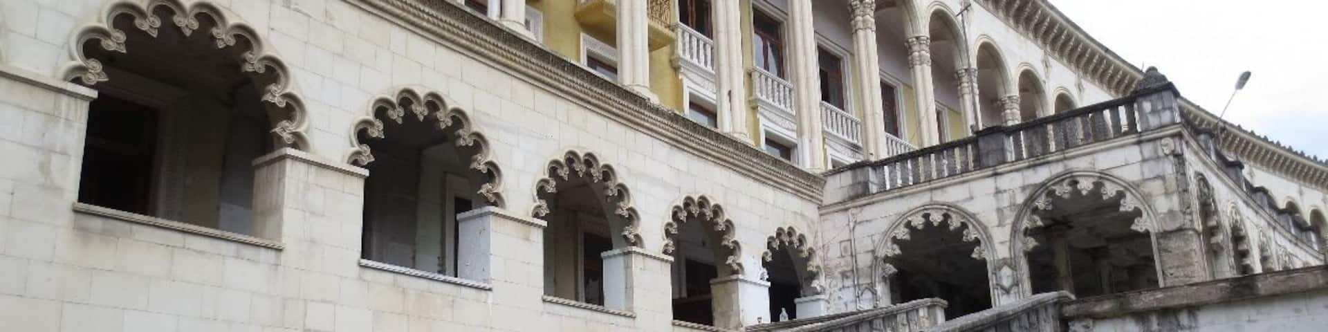 View of an old, Soviet-era building, located in a resort area in the western portion of the country of Georgia.