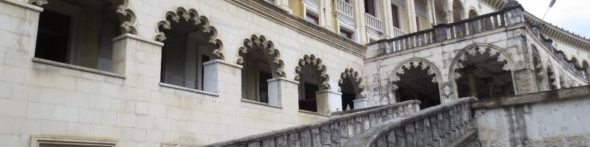 View of an old, Soviet-era building, located in a resort area in the western portion of the country of Georgia.