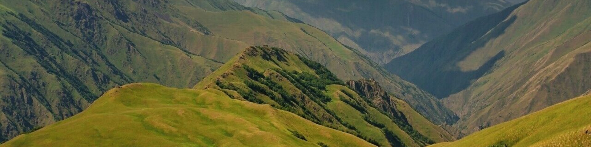 July 2010
Long descent from Atsunta pass (alt. 3.450 m) towards Mutso and Shatili villages in Khevsureti region of Georgian Caucasus. These green meadows are in altitude from 3.000 to 2.500 meters and it takes hours to cross them before the final 45 degrees slope which goes down 1.000 metres in 1 km distance. In good weather conditions you can see from Atsunta pass even the famous Kazbegi peak (alt. 5.047 m) which is some 50 km away.