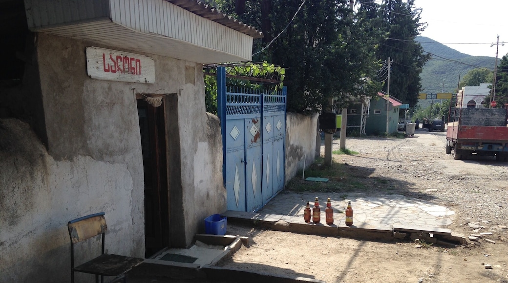 Street scene from the rural Georgian town of Bolnisi, Georgia. The building on the left is a barber shop.