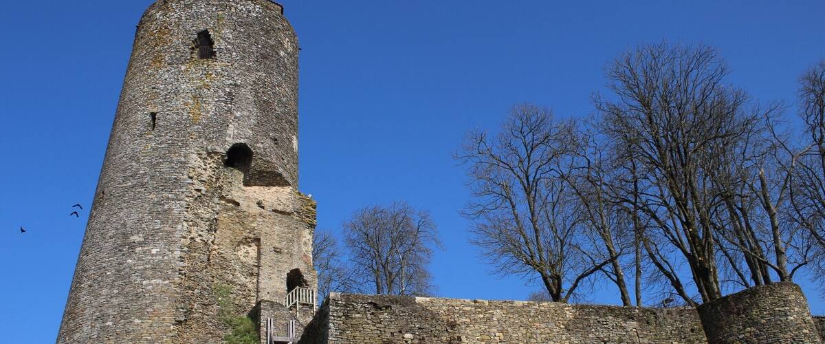 A tall stone tower with a narrow entrance, surrounded by a stone wall and leafless trees.
