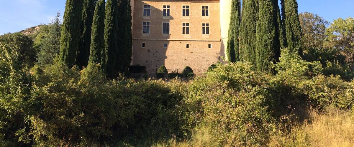 A historic building surrounded by tall cypress trees and dense shrubbery.