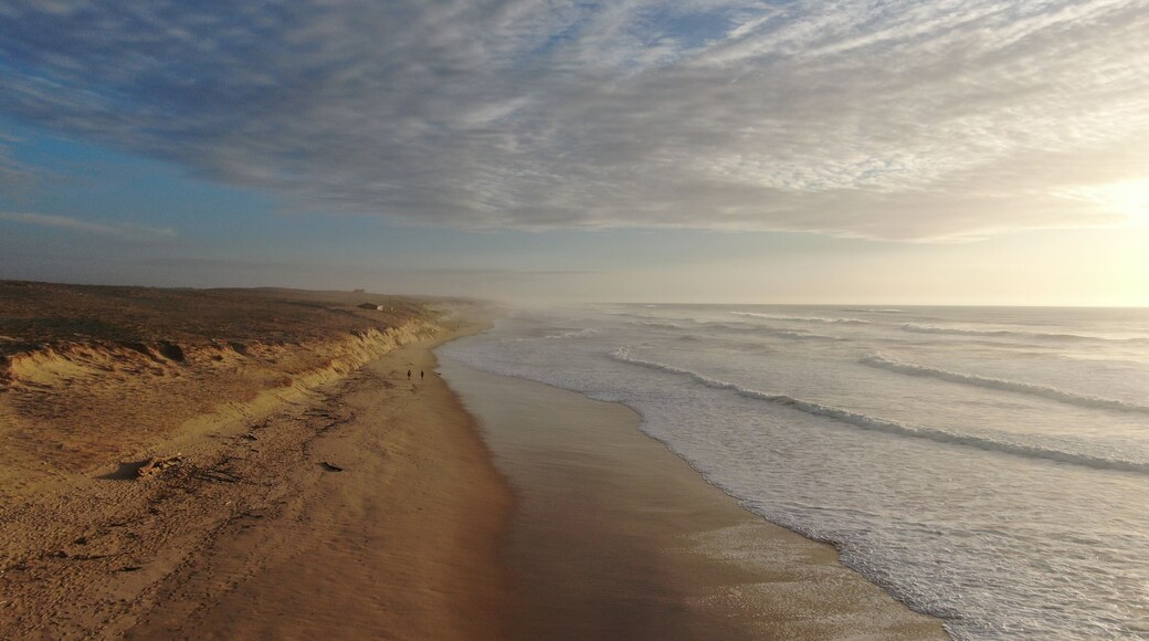 Vue aérienne artistique de la plage avec vagues et dune au coucher du soleil