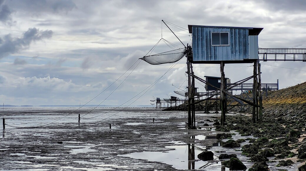 Traditional old wooden fishing huts on stilts in the Atlantic Ocean, Gironde estuary, near Talais, France