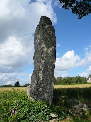 A tall standing stone in a grassy field with a blue sky and clouds.