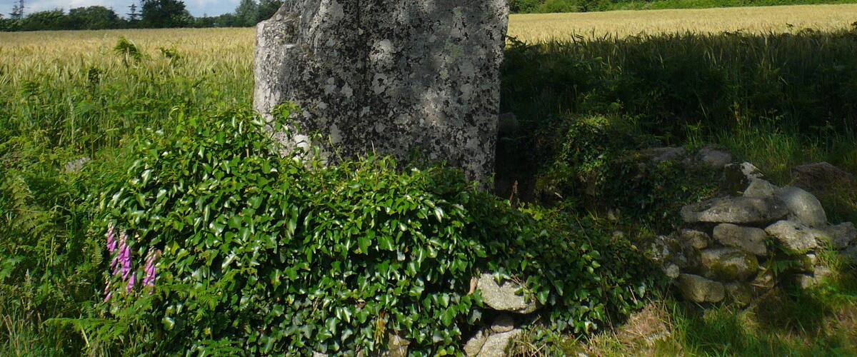 A tall standing stone in a grassy field with a blue sky and clouds.