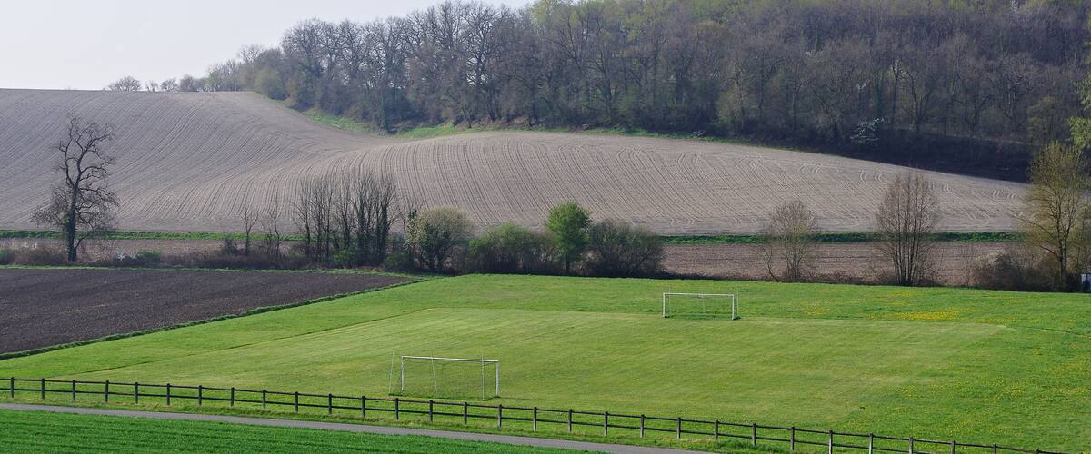 A green field with a soccer goal, a fence, and a hill with trees in the background.