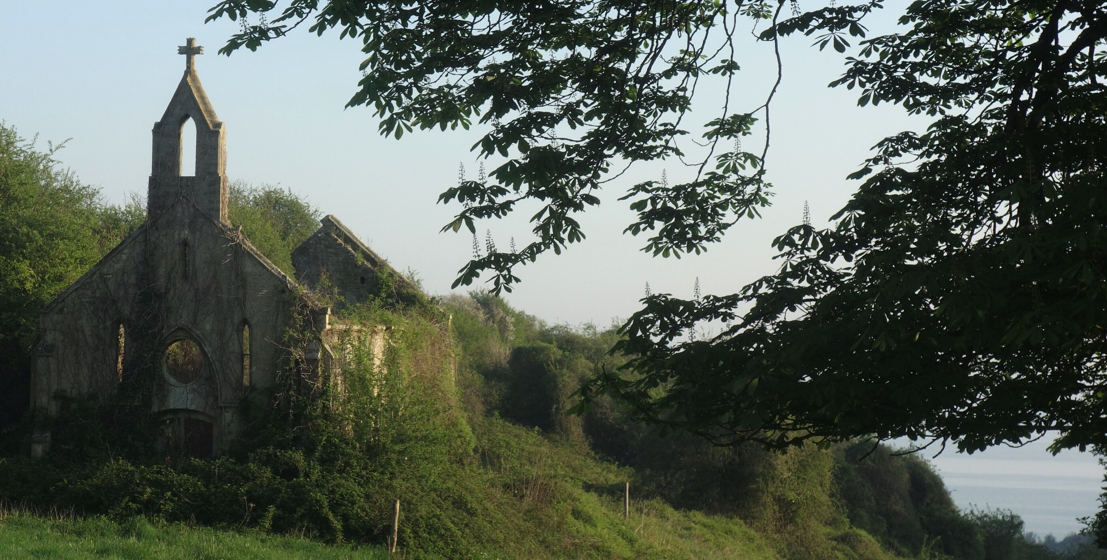 An abandoned church surrounded by lush greenery and trees.
