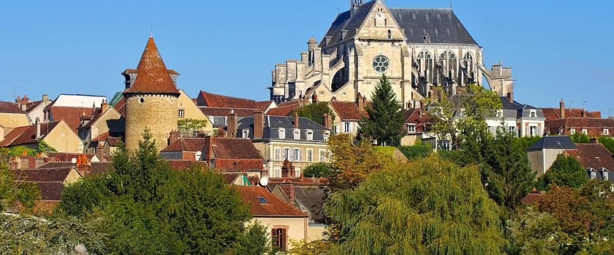 A historic cathedral with a clock tower, surrounded by traditional European houses and lush greenery.