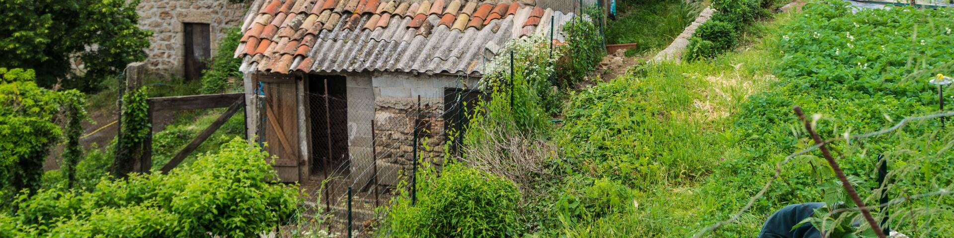 Brick buildings in summer in Ardeche, France