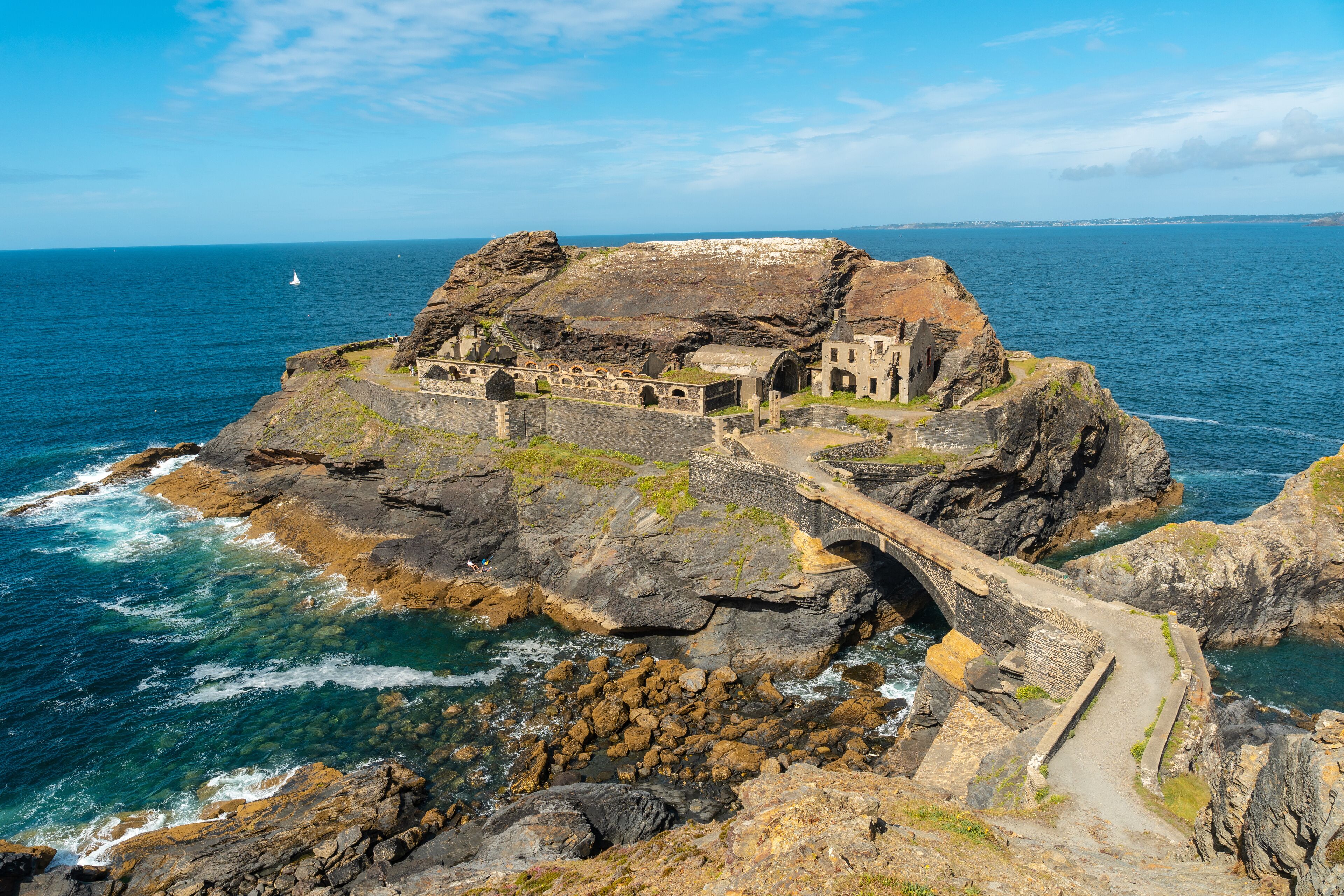 Fort des Capucins a rocky islet located in the Atlantic Ocean at the foot of the cliff in the town of Roscanvel, on the Crozon peninsula in France.