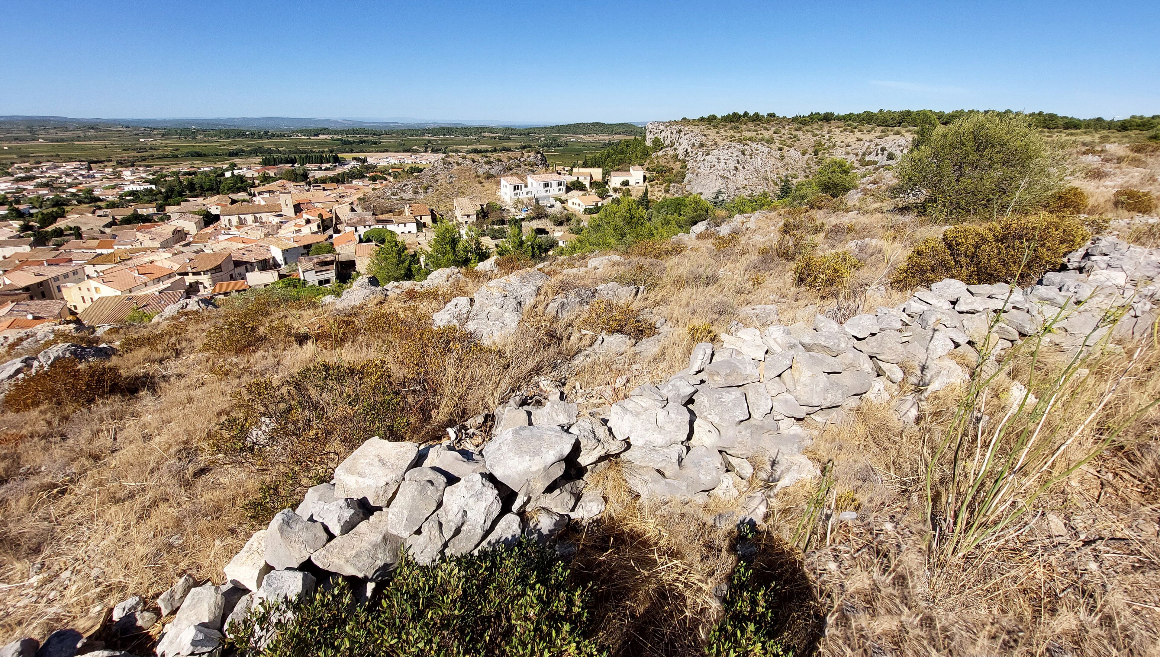 A rural landscape with a stone wall, dry grass, and scattered trees.