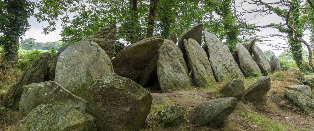 A natural landscape with large boulders and trees.
