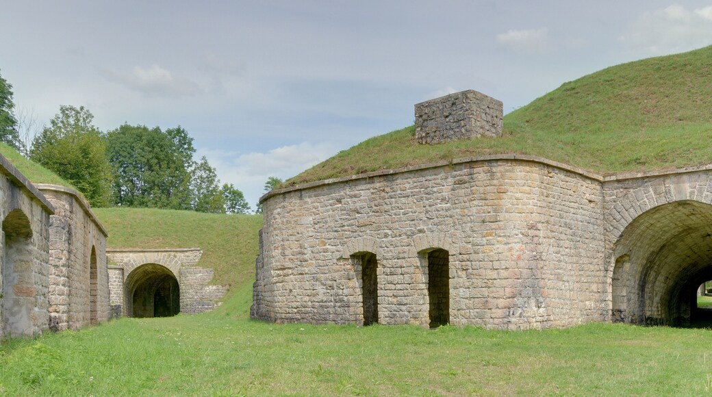 This file was uploaded with Commonist. Batterie des Roches : Ă gauche : accĂšs Ă la poudriĂšre et au poste optique notamment au milieu : latrines Ă droite : accĂšs au casernement. (HDR).
