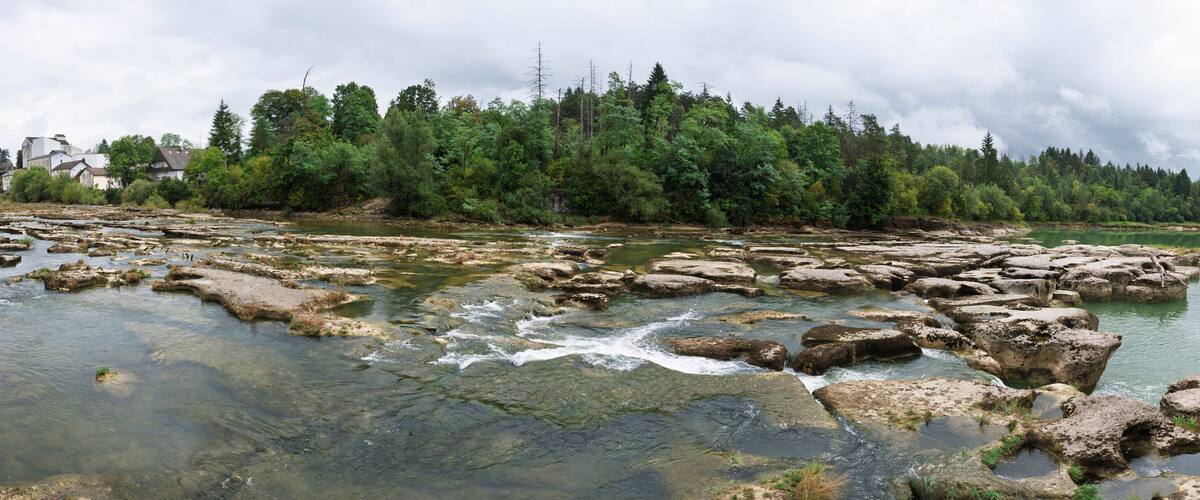 A river with clear water, rocky formations, and a forested area with buildings in the background.