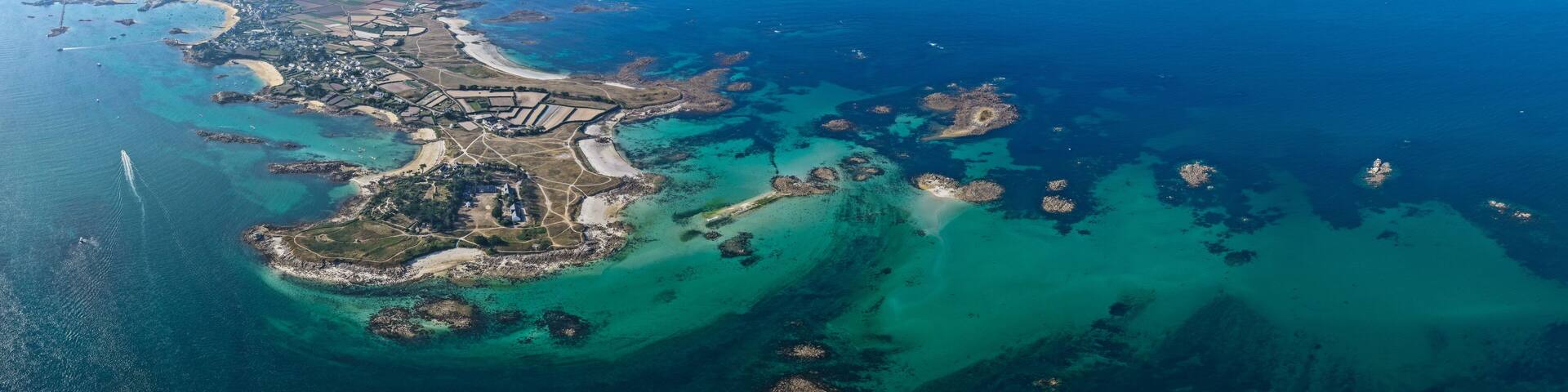 Aerial view of the seaside village of Roscoff and The Isle of Batz in Brittany France
