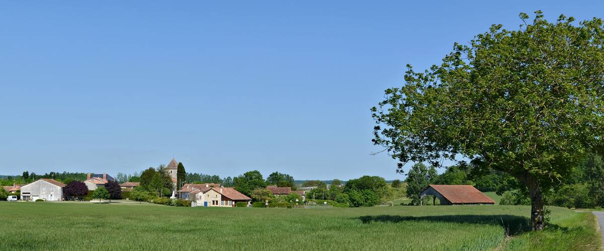 A rural landscape with a large tree, a road, and several houses.