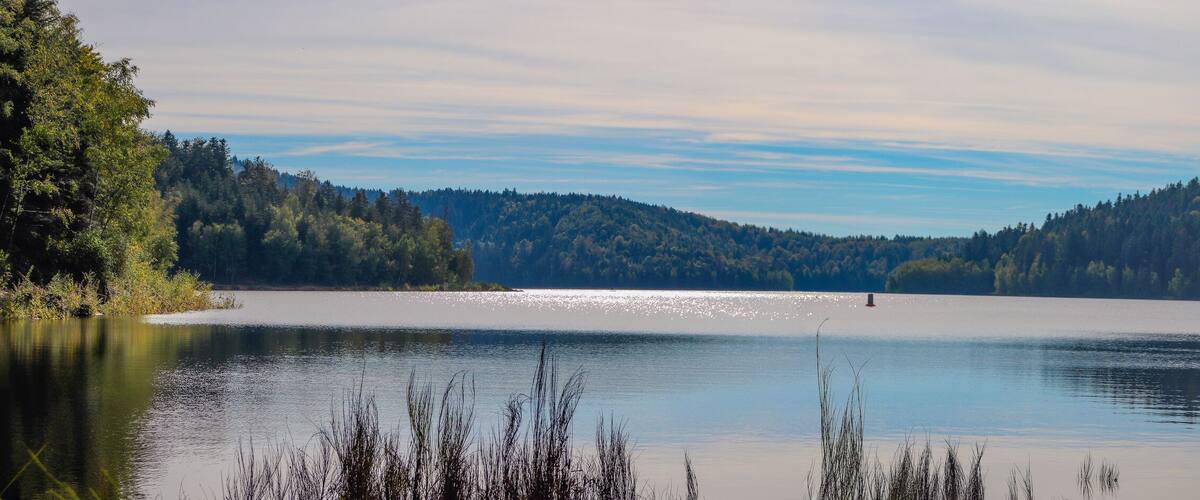 A calm lake surrounded by dense forests and hills.