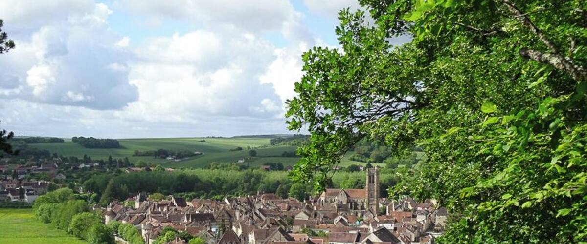 A historic town with a river, surrounded by lush greenery and rolling hills.