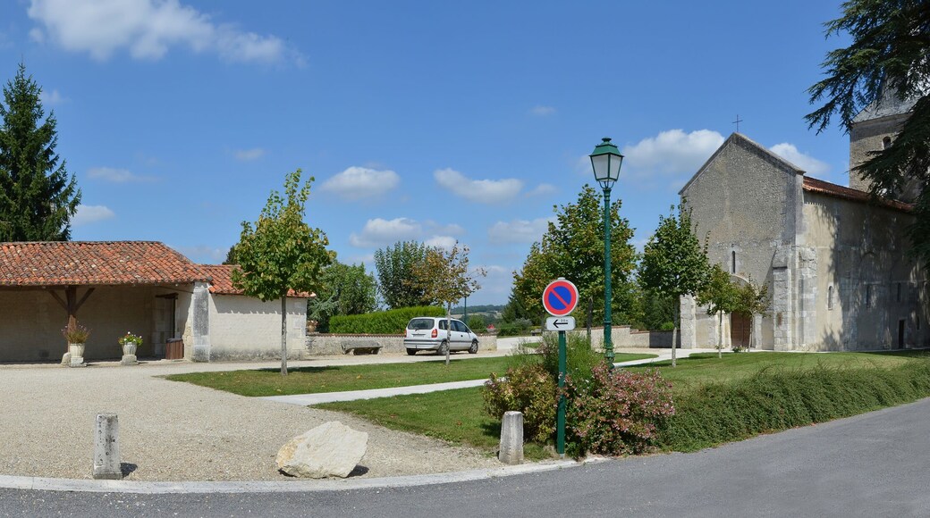 Place of the church and former village market hall, Nonac, Charente, France.