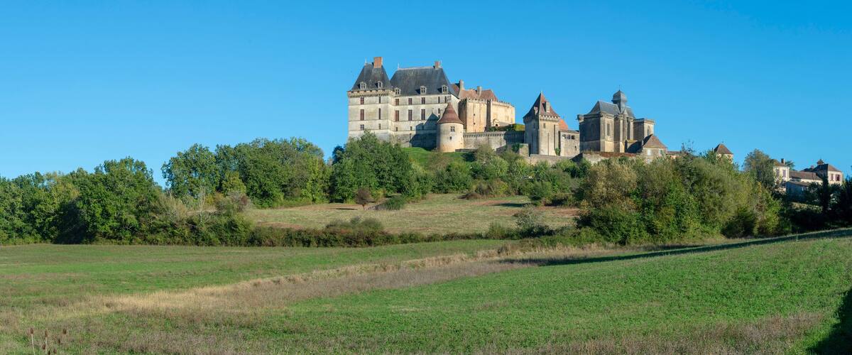 A castle on a hill with a clear blue sky.