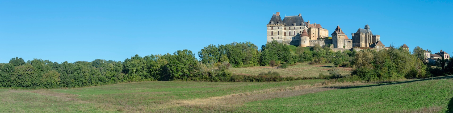 A castle on a hill with a clear blue sky.