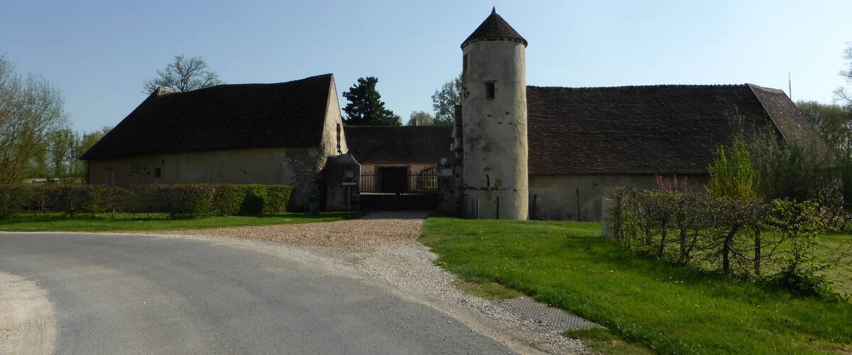 A rural building with a tower, surrounded by greenery and a gravel driveway.