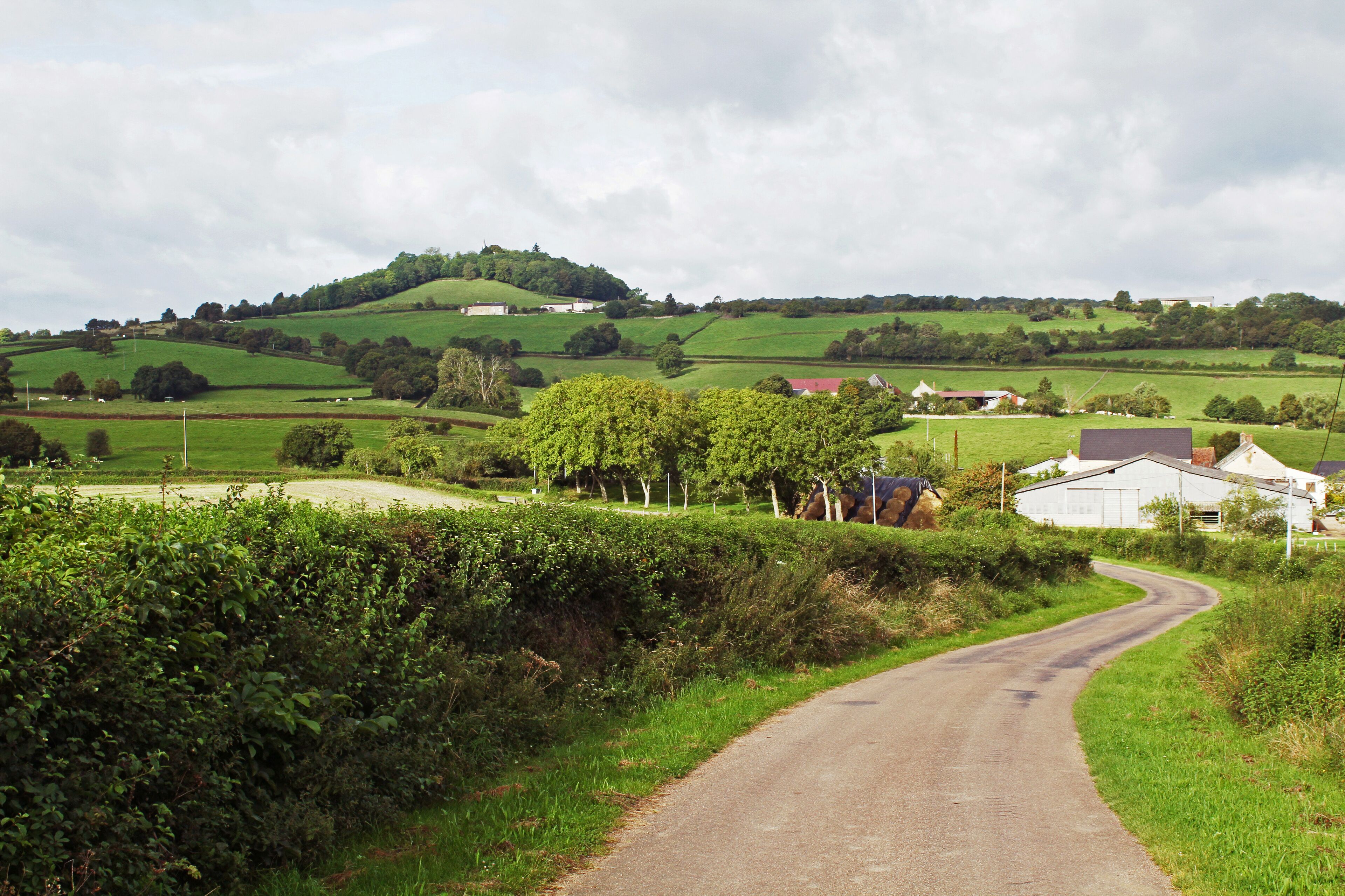 A rural road winding through green fields, with rolling hills and scattered buildings in the background.