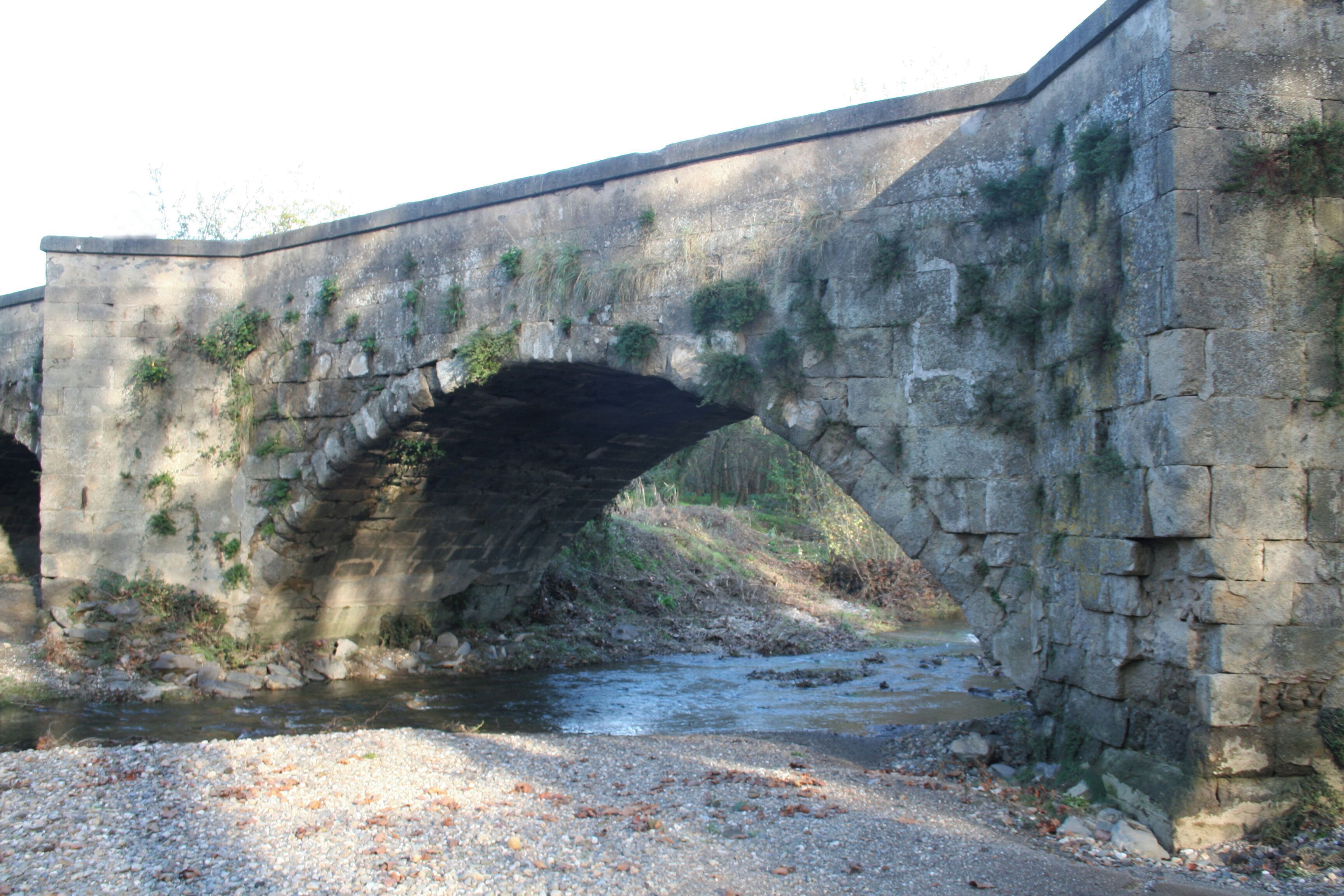 A stone bridge over a river with pebbles and vegetation on the sides.