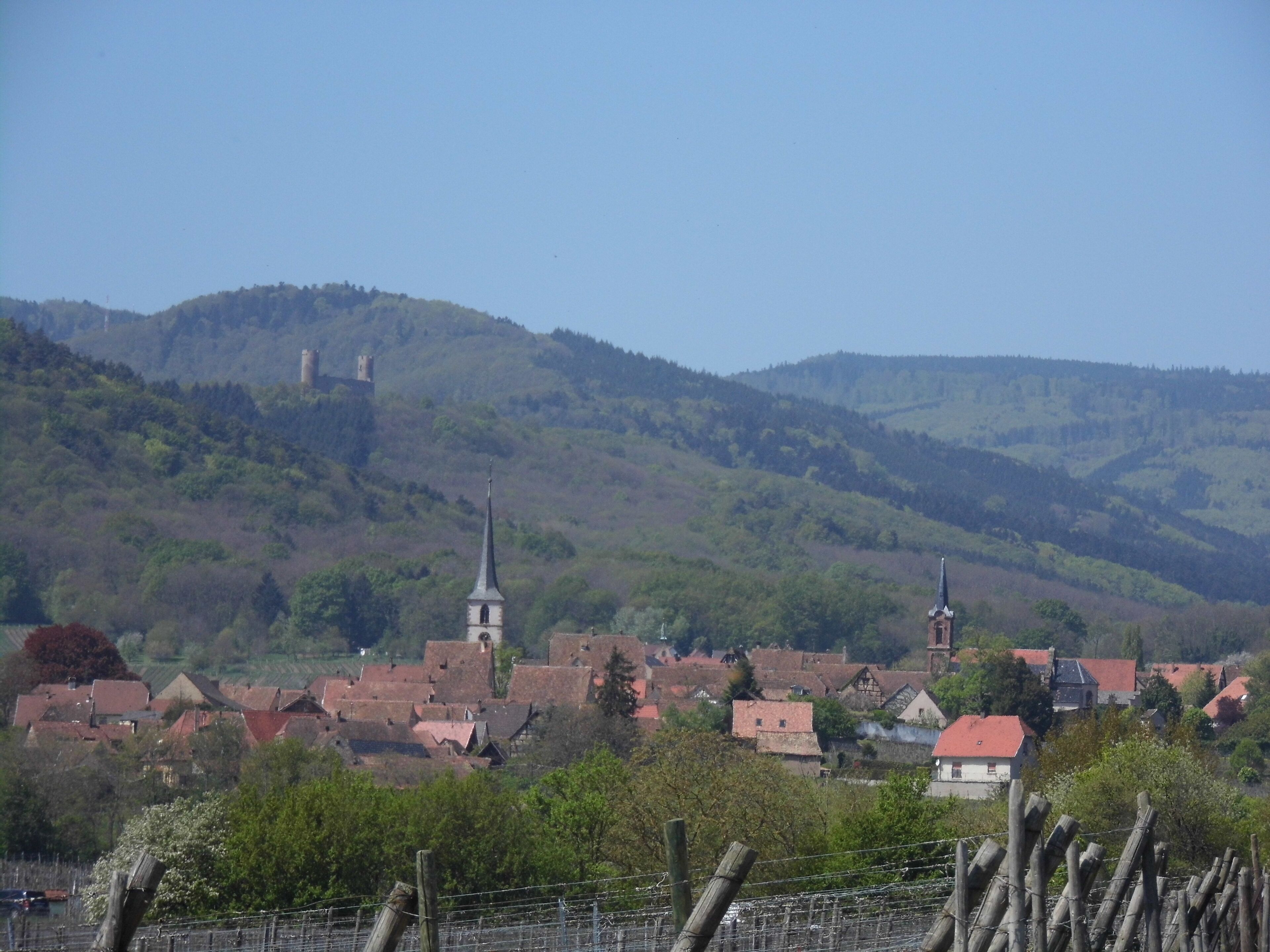 A village with red-roofed houses, a church with a tall steeple, and a castle on a hill.
