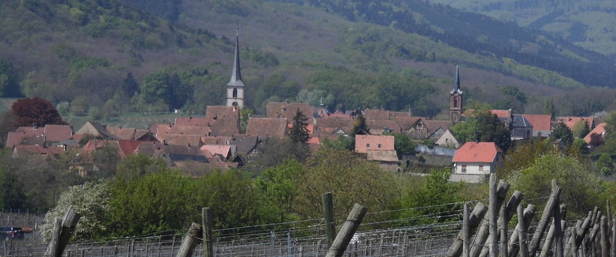 A village with red-roofed houses, a church with a tall steeple, and a castle on a hill.
