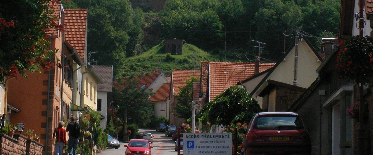 A street with buildings, a castle, and a hill.