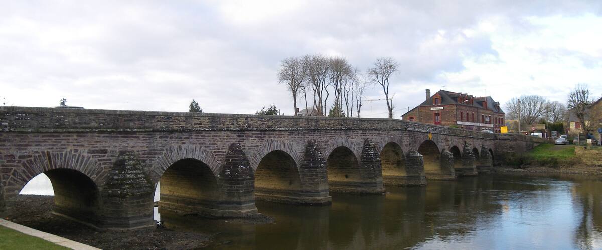 A stone bridge over a river with grass in the foreground and buildings in the background.