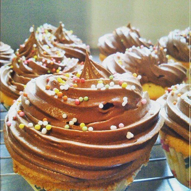 A close-up of chocolate cupcakes with colorful sprinkles.