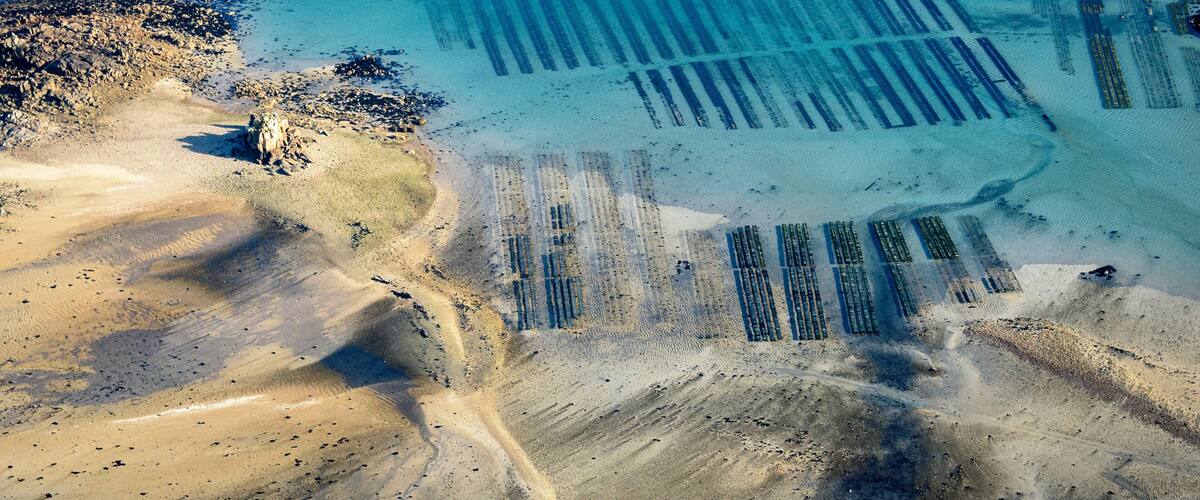 An aerial view of a coastal area with clear blue water, sandy beaches, and a series of parallel lines that could be man-made structures or natural formations.
